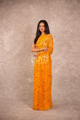 Yellow Viscose Chiffon Printed Saree