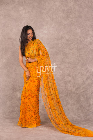 Yellow Viscose Chiffon Printed Saree