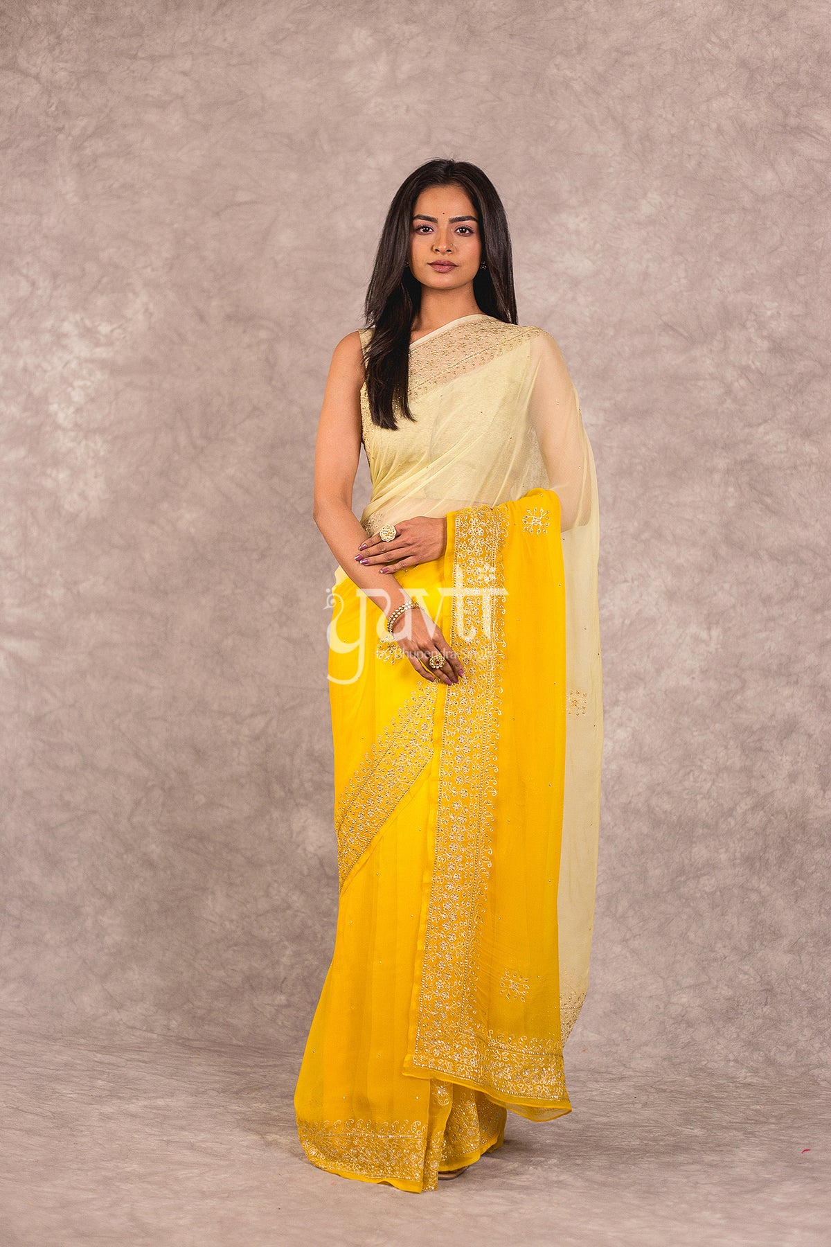 Yellow Viscose Chiffon Aari katori Work Saree