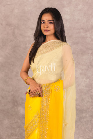 Yellow Viscose Chiffon Aari katori Work Saree