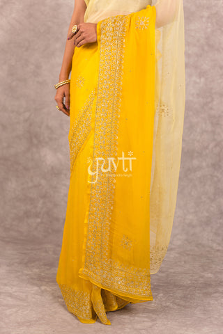 Yellow Viscose Chiffon Aari katori Work Saree