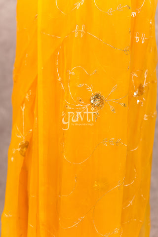 Yellow Viscose Chiffon Aari sequins work Saree