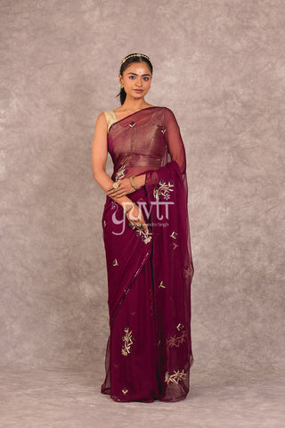 Wine Viscose Chiffon Aari sequins work Saree