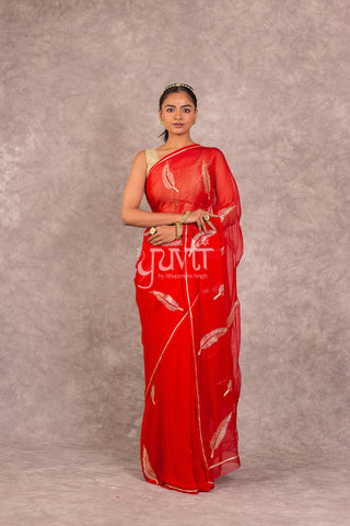 Red Viscose Chiffon Aari Resham Work Saree