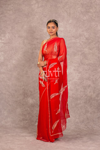 Red Viscose Chiffon Aari Resham Work Saree