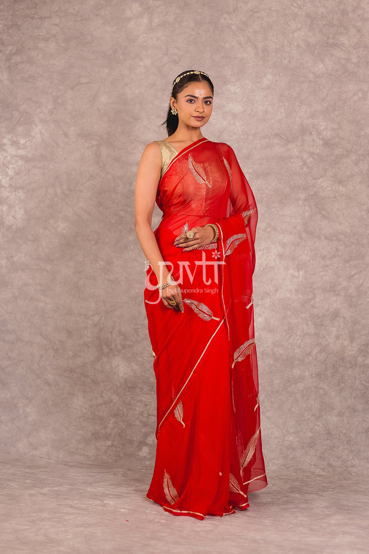 Red Viscose Chiffon Aari Resham Work Saree