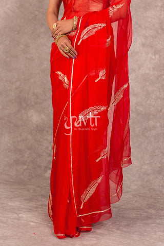 Red Viscose Chiffon Aari Resham Work Saree