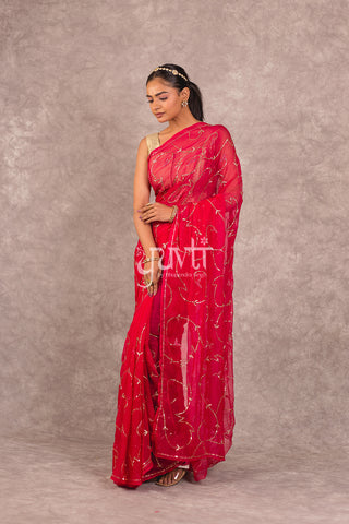 Dark pink Viscose Chiffon Aari sequins work Saree