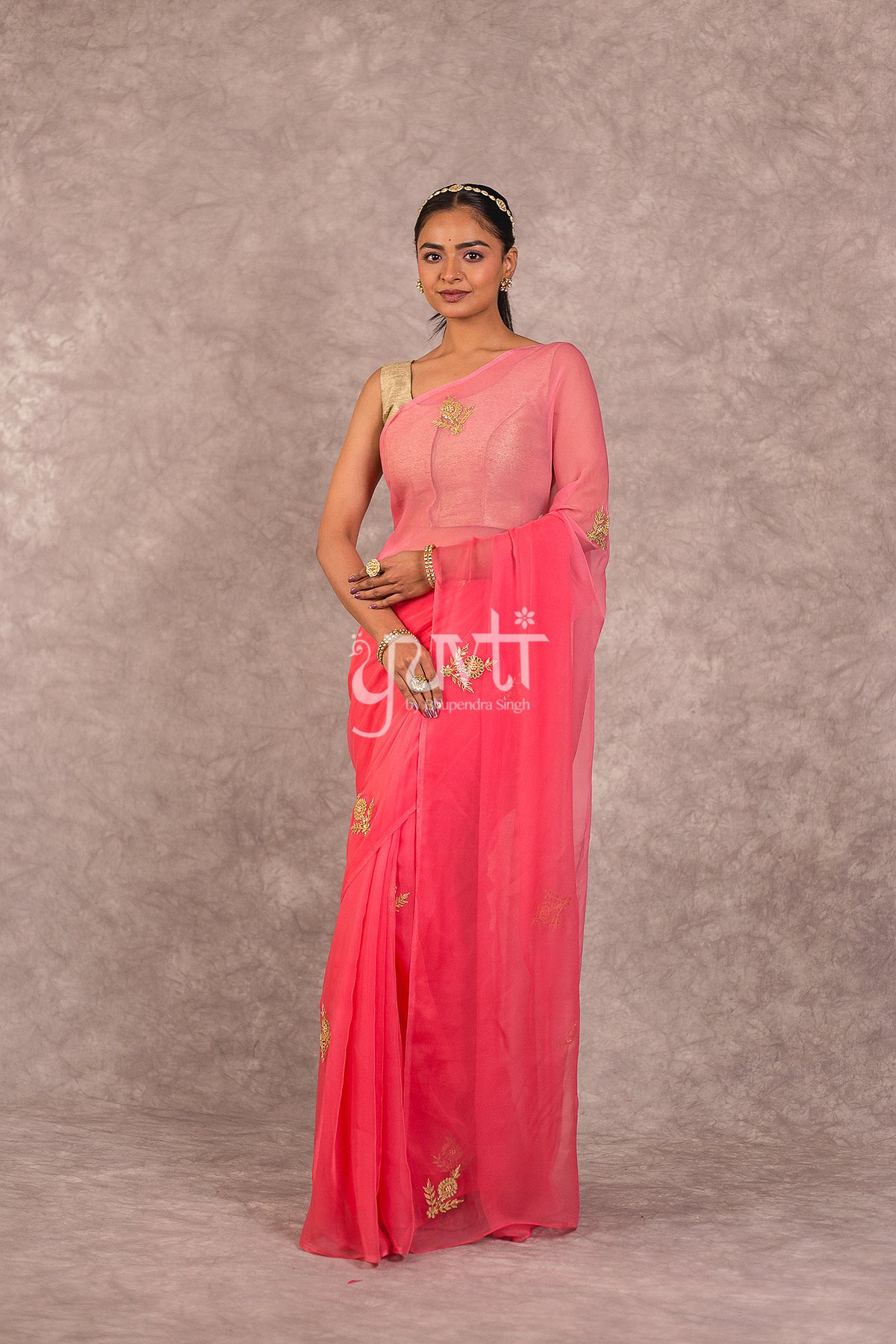 Pink Viscose Chiffon Dori gotapatti work Saree