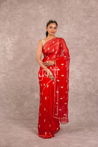 Red Viscose Chifffon Aari work Saree