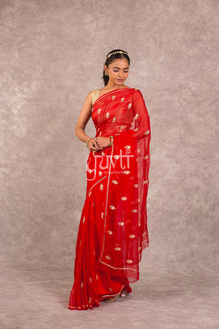 Red Viscose Chifffon Aari work Saree