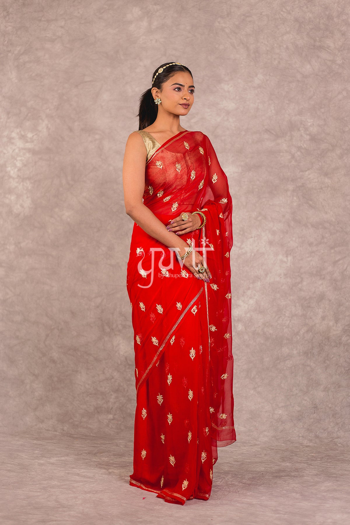 Red Viscose Chifffon Aari work Saree