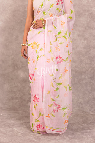 Pink Viscose Chiffon Handpainted Saree