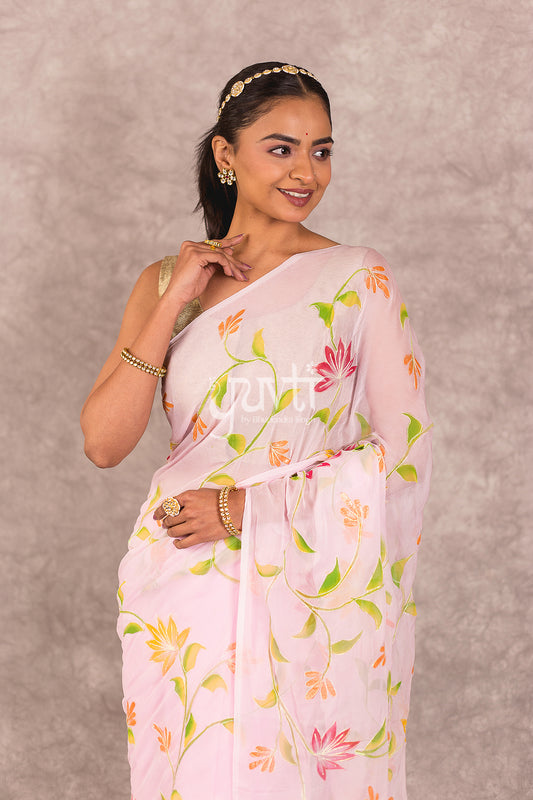 Pink Viscose Chiffon Handpainted Saree