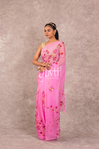 Pink Viscose Chiiffon Handpainted Saree