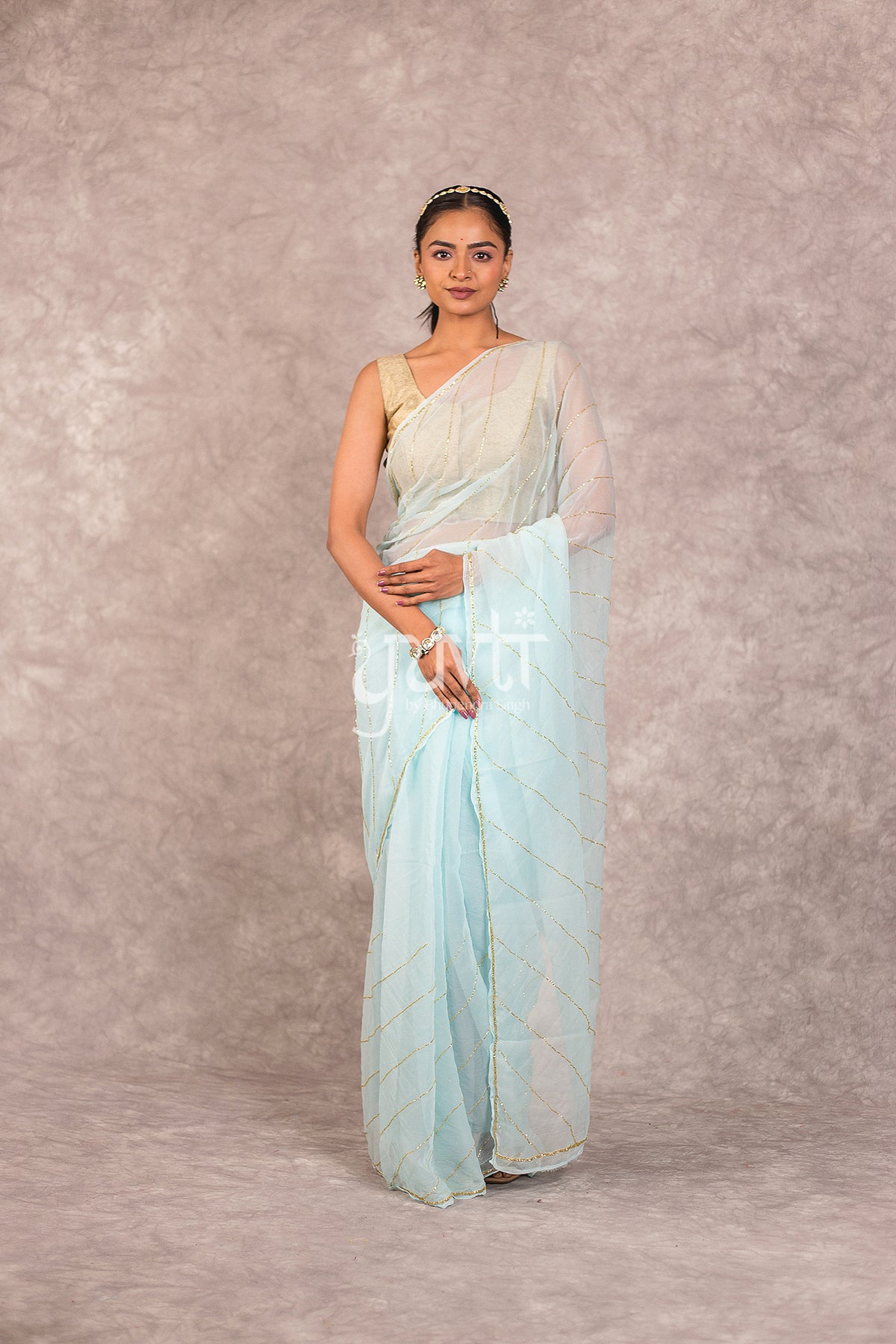 Sky blue Viscose Chiffon Kardhana work Saree