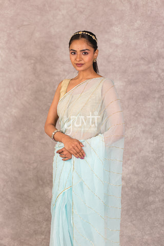 Sky blue Viscose Chiffon Kardhana work Saree