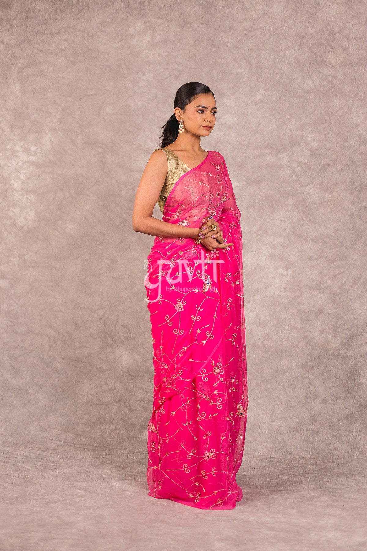 Pink Viscose Chiffon Aari Jaal work Saree