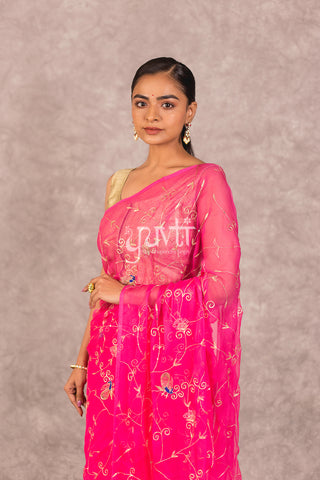 Pink Viscose Chiffon Aari Jaal work Saree