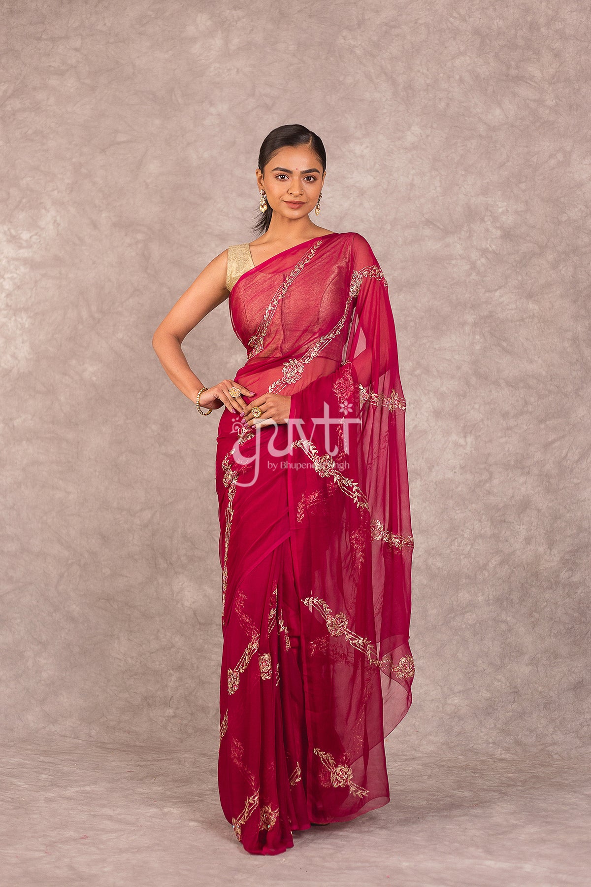 Wine Viscose Chiffon Aari Resham work Saree