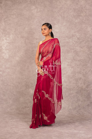 Wine Viscose Chiffon Aari Resham work Saree