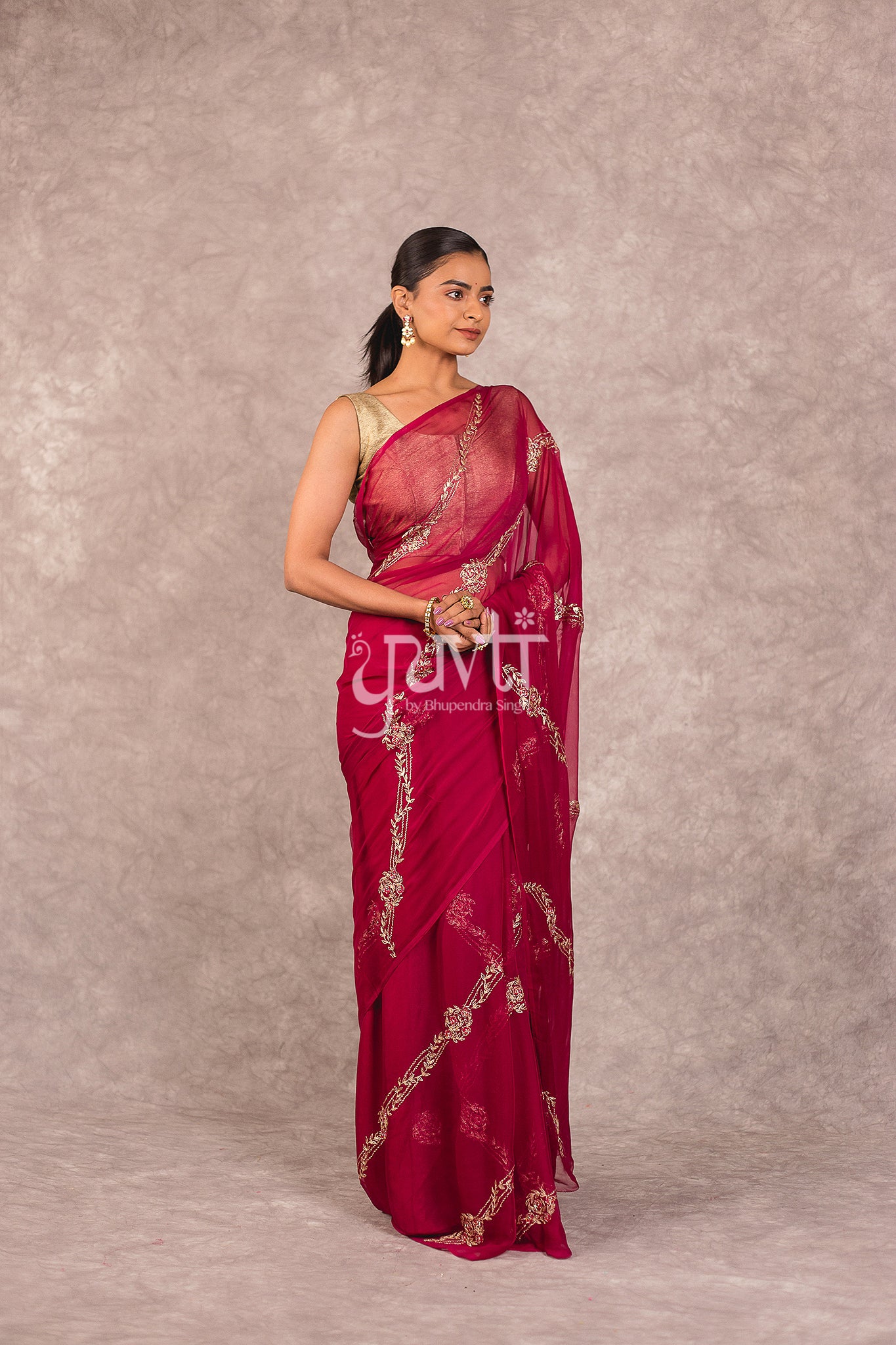 Wine Viscose Chiffon Aari Resham Work