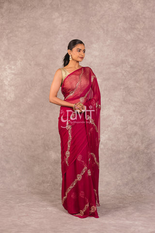 Wine Viscose Chiffon Aari Resham work Saree