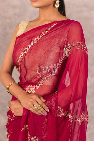 Wine Viscose Chiffon Aari Resham work Saree