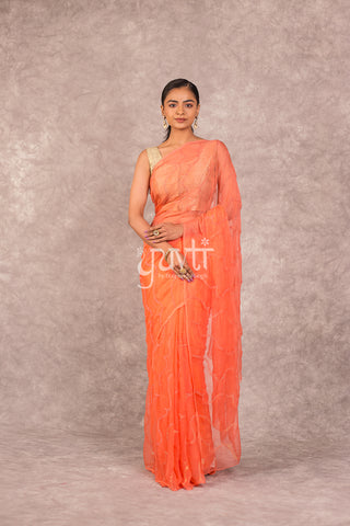 Peach Viscose Chiffon Katori Work Saree