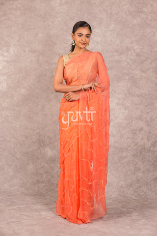 Peach Viscose Chiffon Katori Work Saree