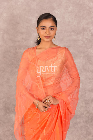 Peach Viscose Chiffon Katori Work Saree