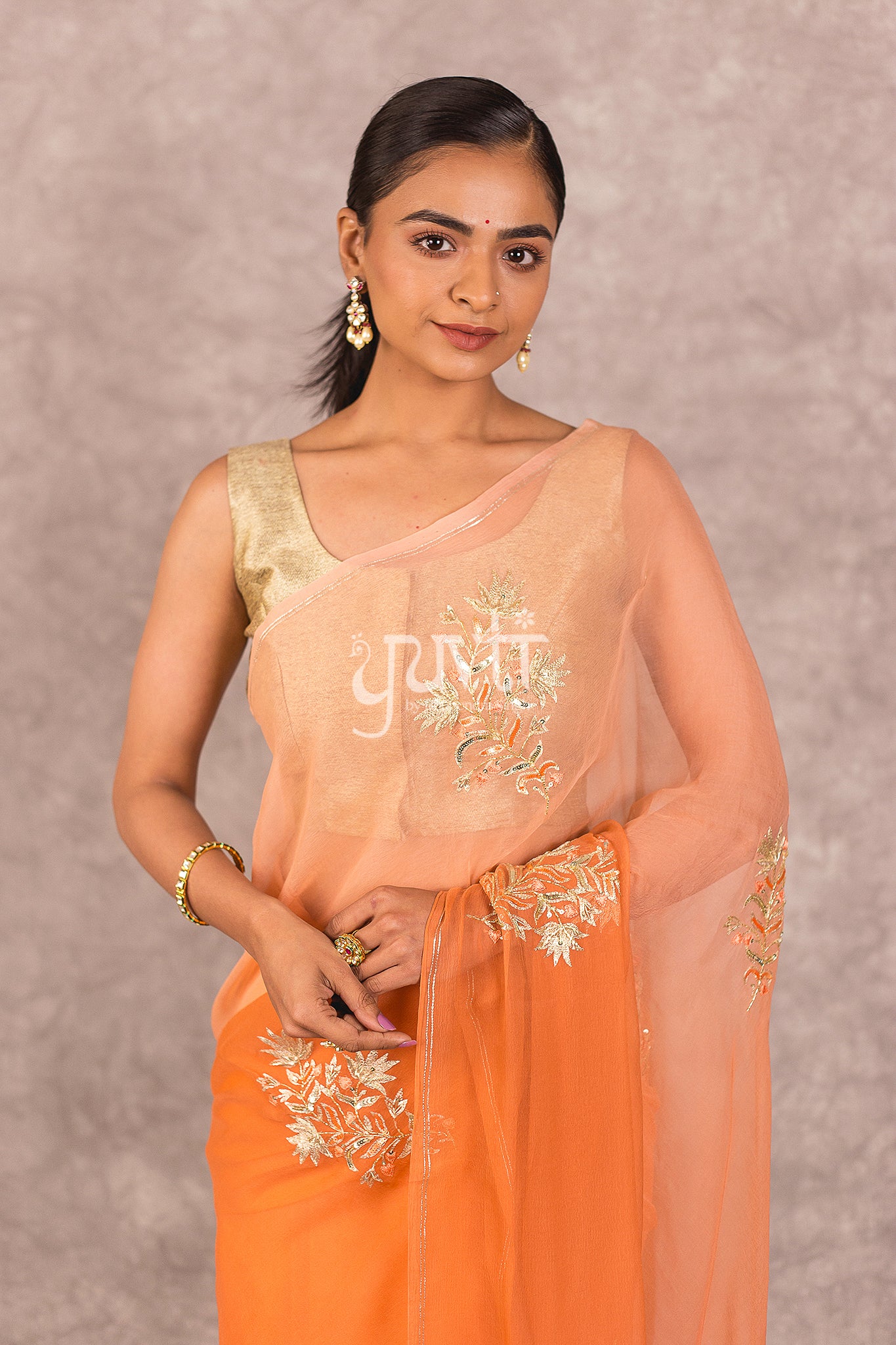 Orange Viscose Chiffon Aari Sequins Booti Work Saree