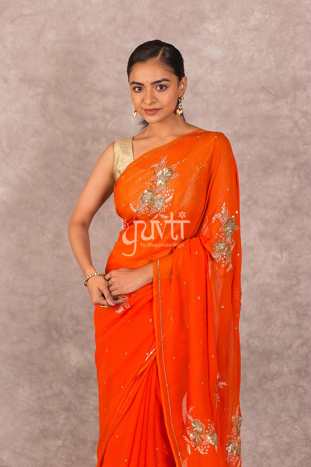 Orange Viscose Chiffon Sequins work Saree