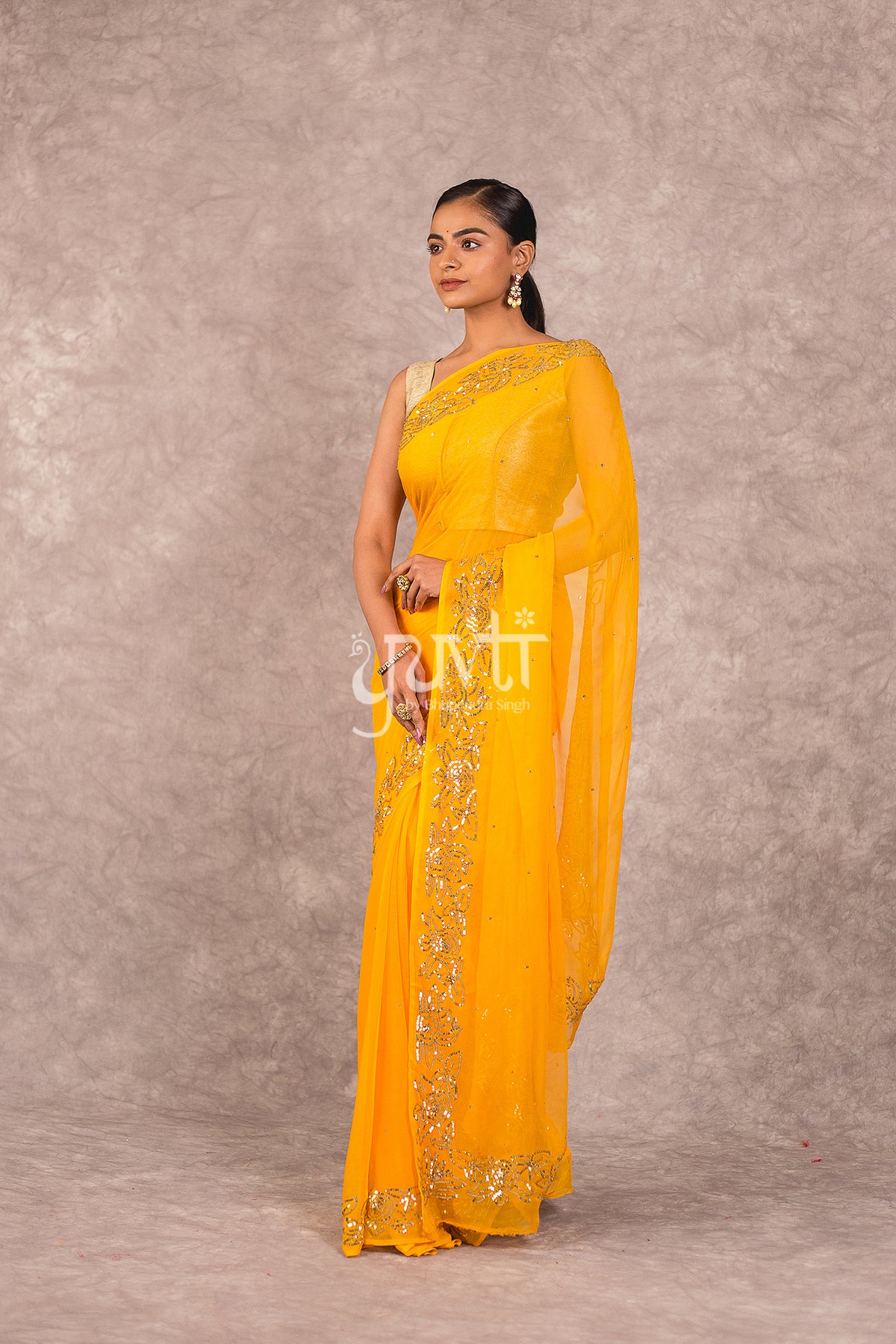 Yellow Viscose Chiffon Sequins work Saree