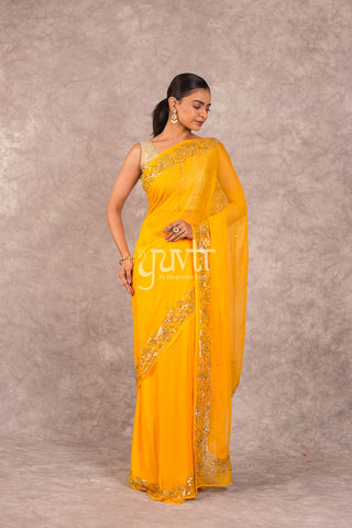 Yellow Viscose Chiffon Sequins work Saree