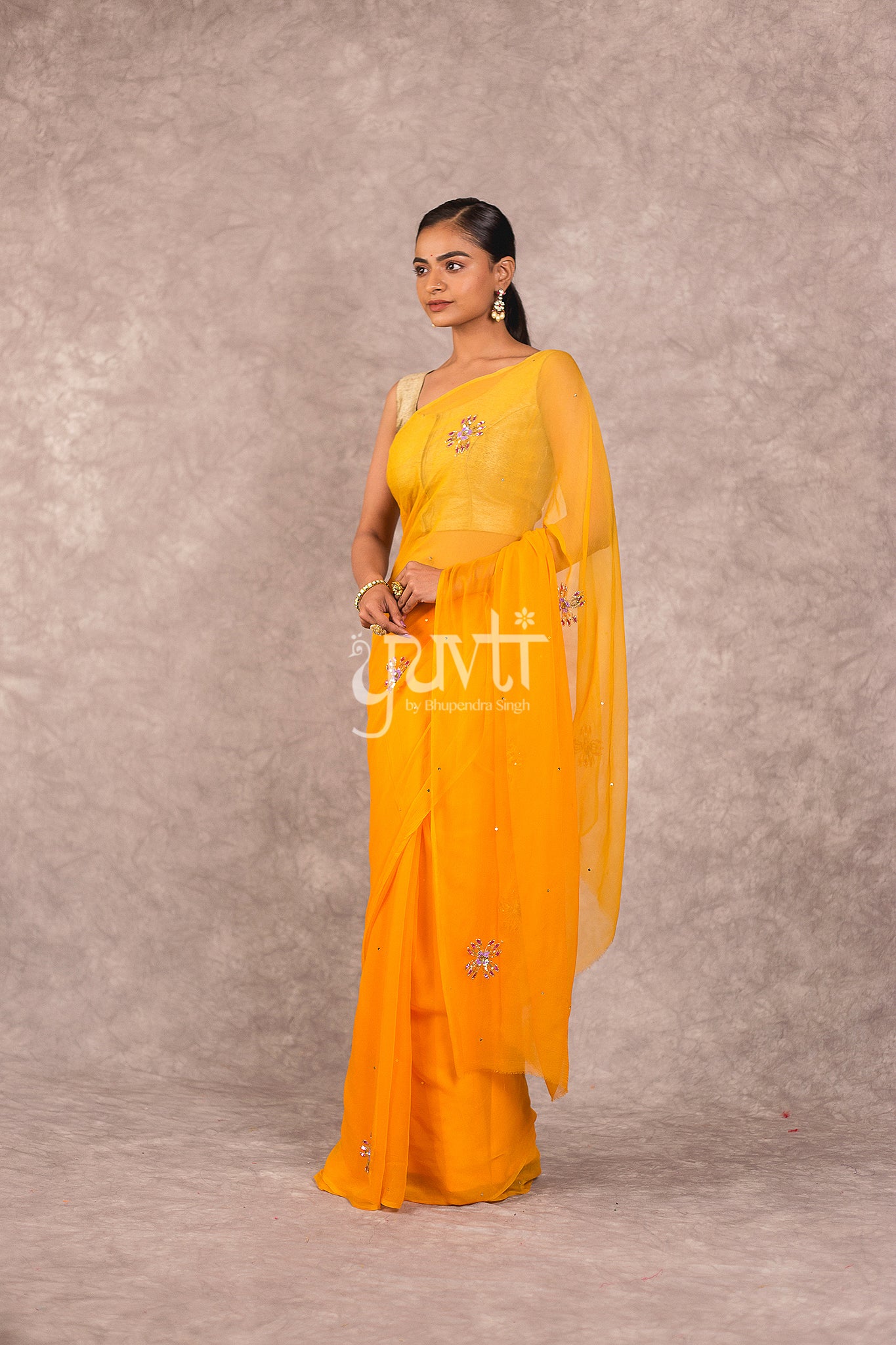Yellow Viscose Chiffon Kardhana Sequins work Saree