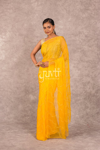 Yellow Viscose Chiffon Katori Resham work Saree