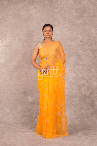 Yellow Viscose Chiffon Aari sequins Resham Work Saree