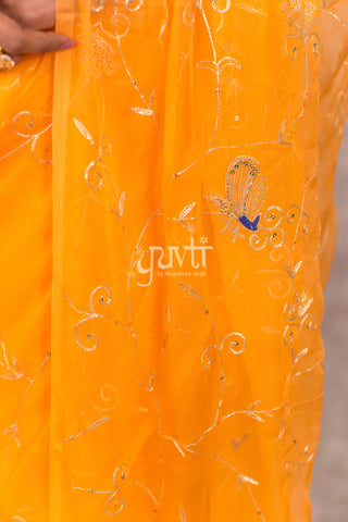 Yellow Viscose Chiffon Aari sequins Resham Work Saree