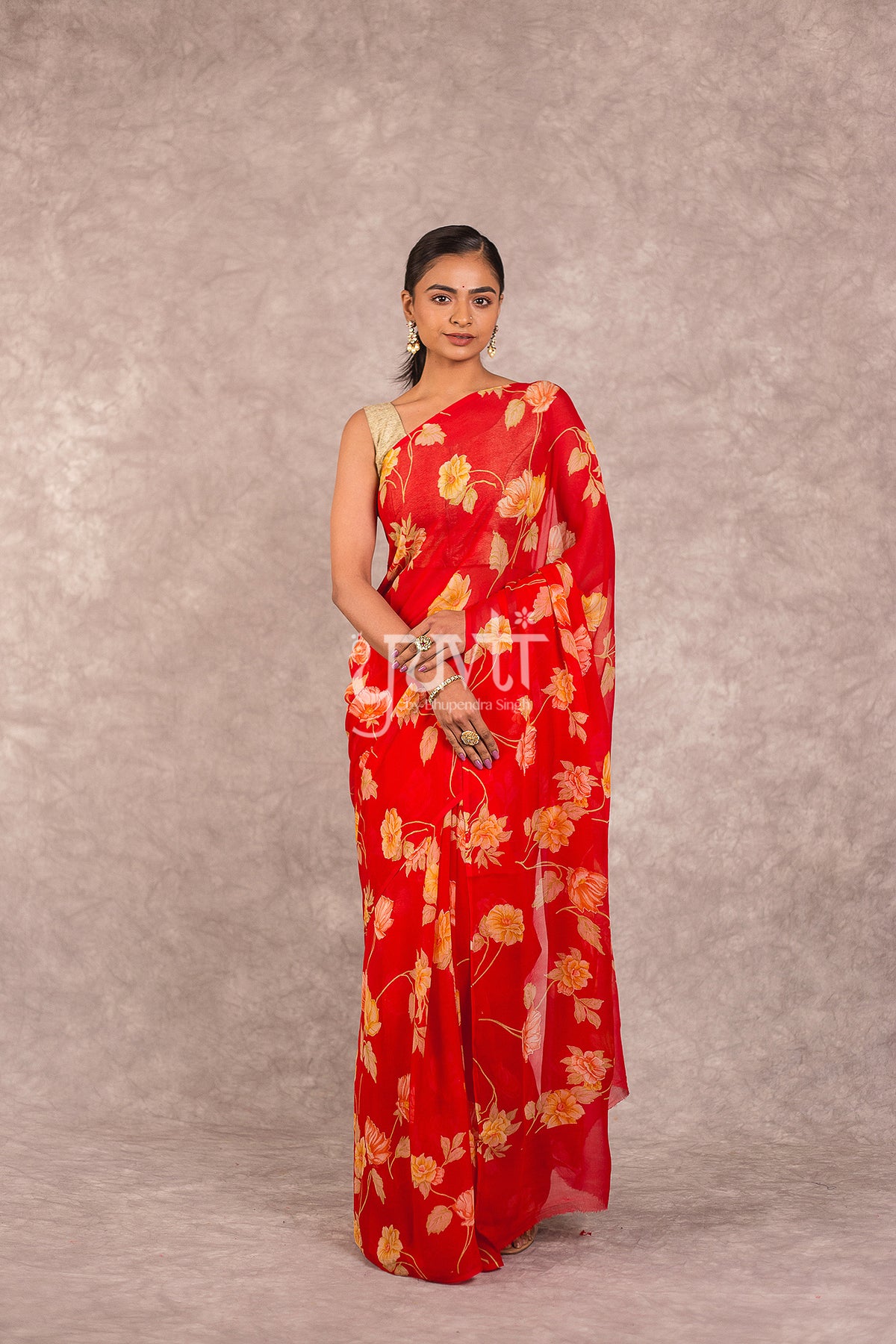 Red Printed Pure Chiffon Saree