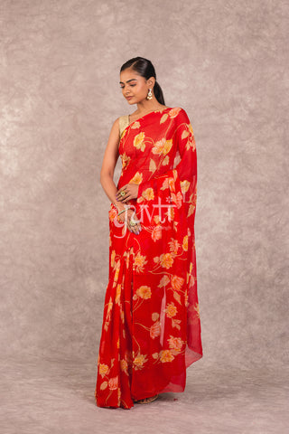 Red Printed Pure Chiffon Saree