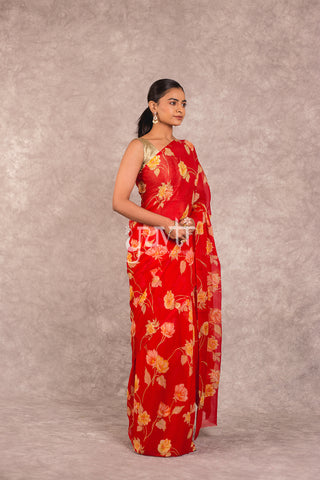 Red Printed Pure Chiffon Saree