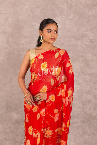 Red Printed Pure Chiffon Saree