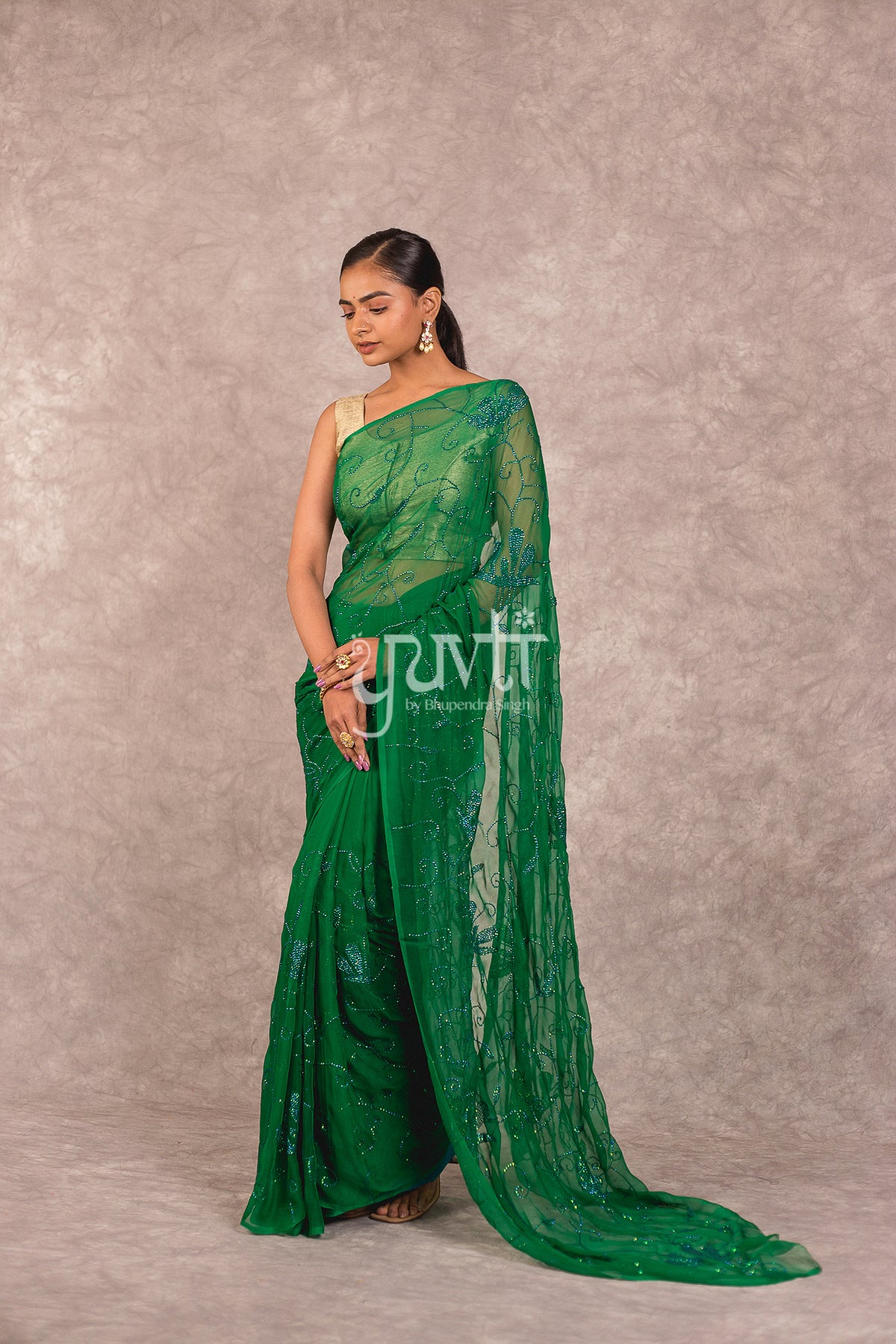 Green Viscose Chiffon Katori taari Work Saree