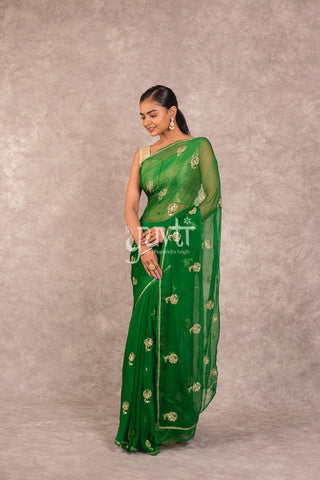 Green Viscose Chiffon Aari sequins work Saree