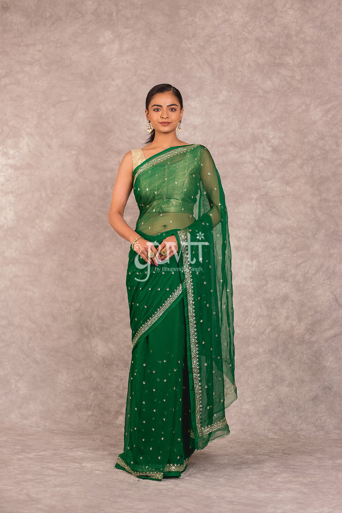 Green Viscose Chiffon Aari Work Saree