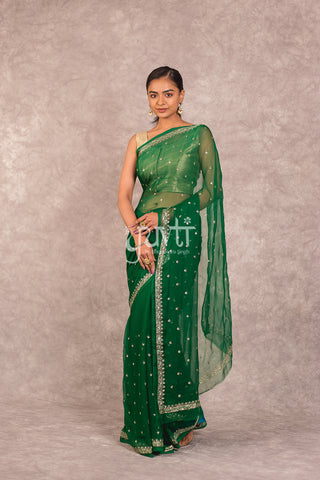 Green Viscose Chiffon Aari Work Saree