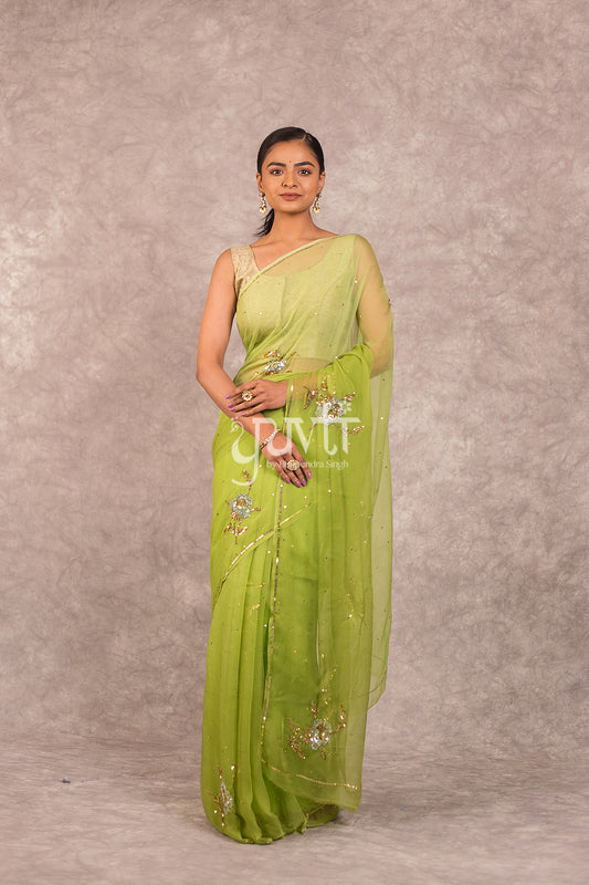 Green viscose Chiffon Aari sequins work Saree