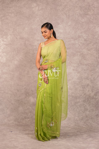 Green viscose Chiffon Aari sequins work Saree