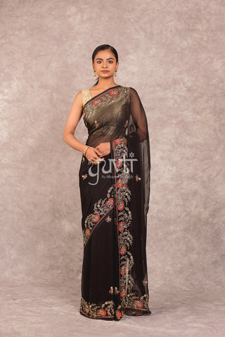 Black Viscose Chiffon Aari resham work Saree